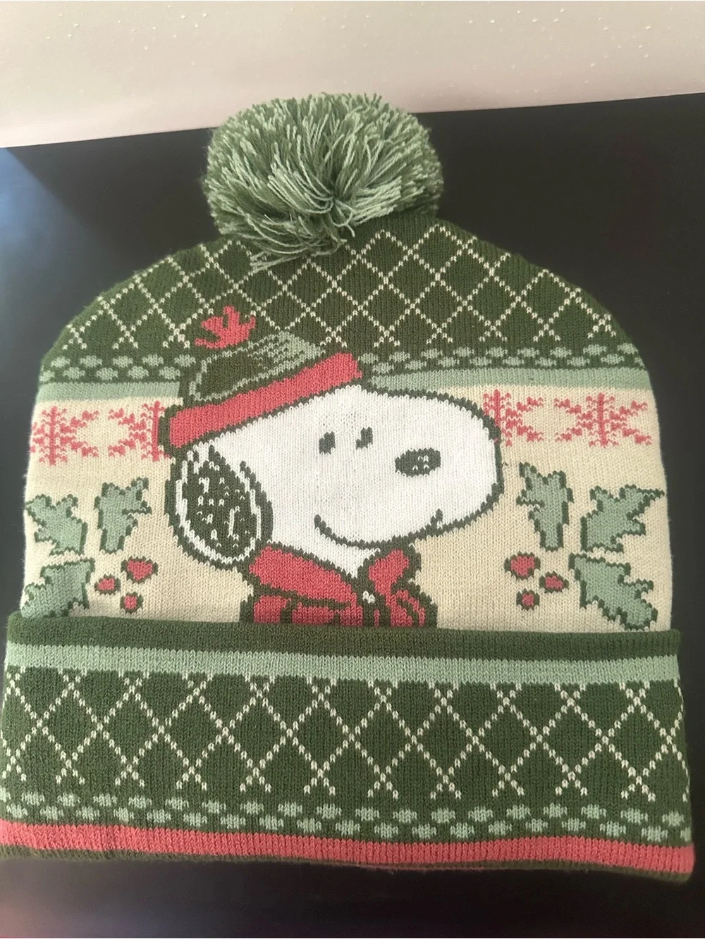 Peanuts /Snoopy Olive Green Knit Hat with Pom Pom with Pink details winter